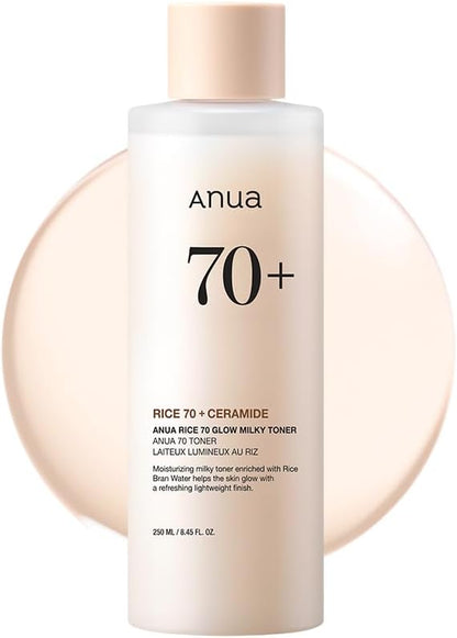 Toner ANUA Rice 70 Glow, Agua de Arroz, Niacinamida, Ceramidas, 250ml, Sin Fragancia, No Comedogénico.