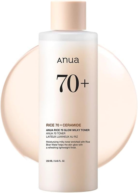 Toner ANUA Rice 70 Glow, Agua de Arroz, Niacinamida, Ceramidas, 250ml, Sin Fragancia, No Comedogénico.