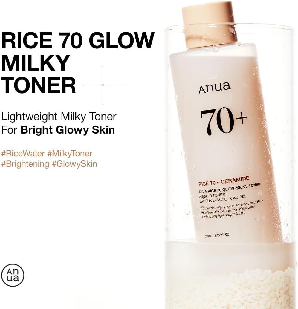 Toner ANUA Rice 70 Glow, Agua de Arroz, Niacinamida, Ceramidas, 250ml, Sin Fragancia, No Comedogénico.